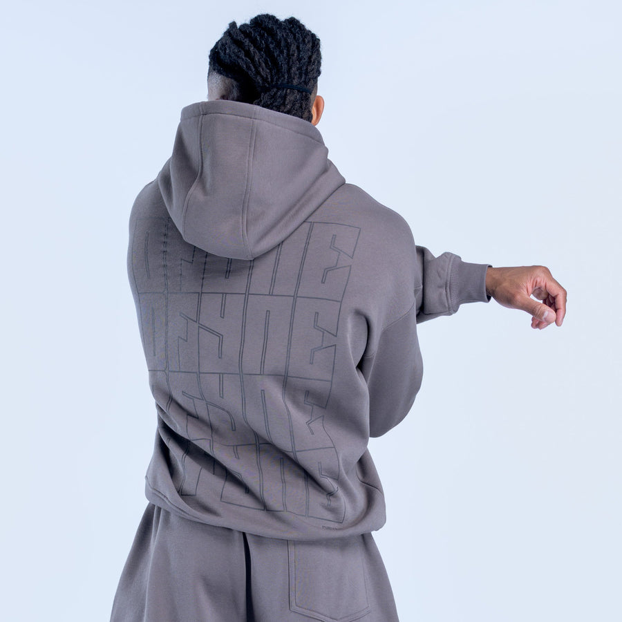 Dark gray hoodie with geometric back graphic and hooded neckline