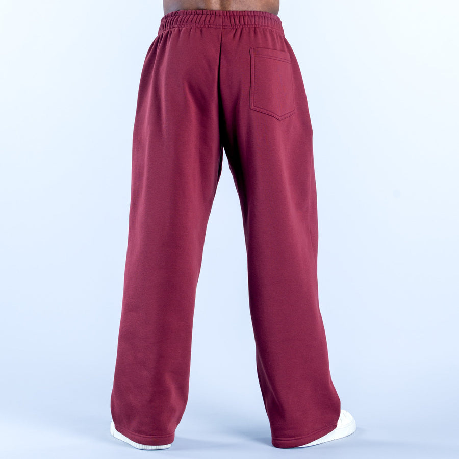Maroon straight-leg joggers with elastic waistband and back patch pocket