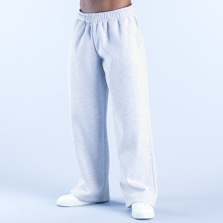 Light gray straight-leg joggers with elastic waistband, side seams, and ribbed cuffs