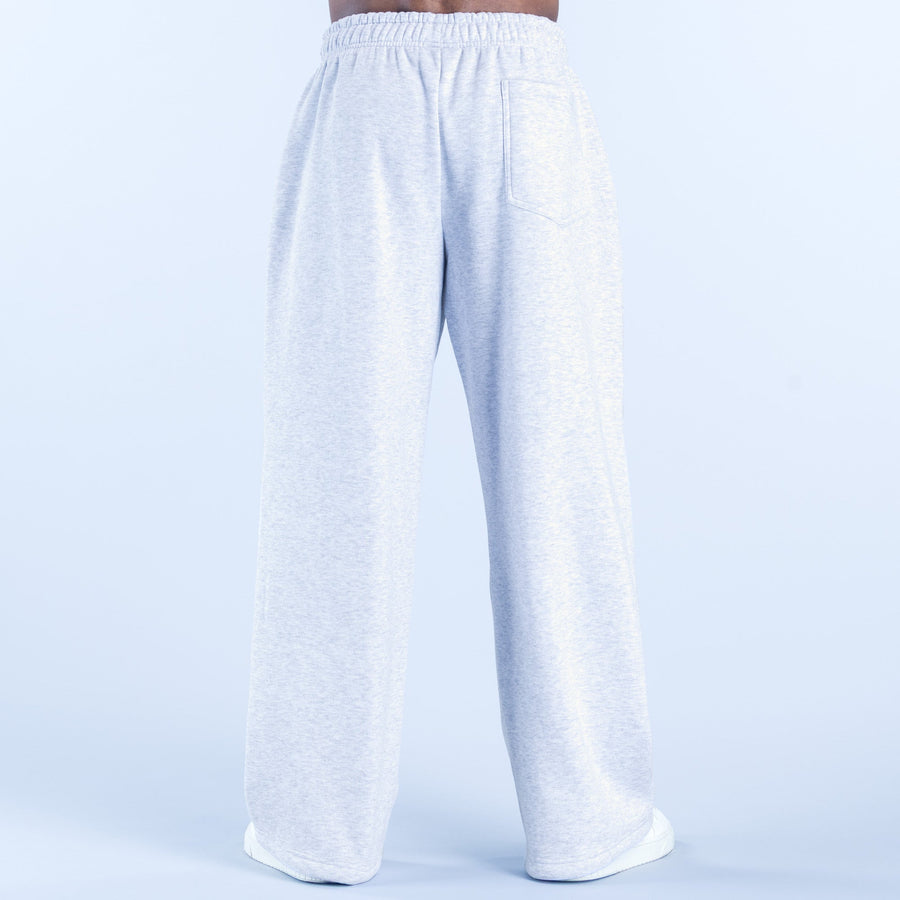 Light gray straight-leg joggers, back view, elastic waistband and roomy straight legs