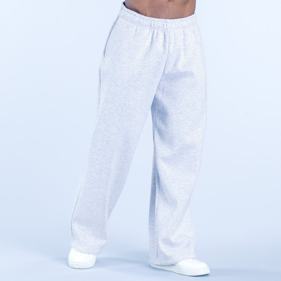 Light gray straight-leg joggers with elastic waistband and relaxed fit through the legs