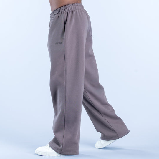 Dark gray straight-leg joggers with elastic waistband and side pockets