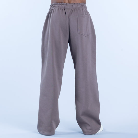 Dark gray straight-leg joggers with elastic waistband and rear patch pocket