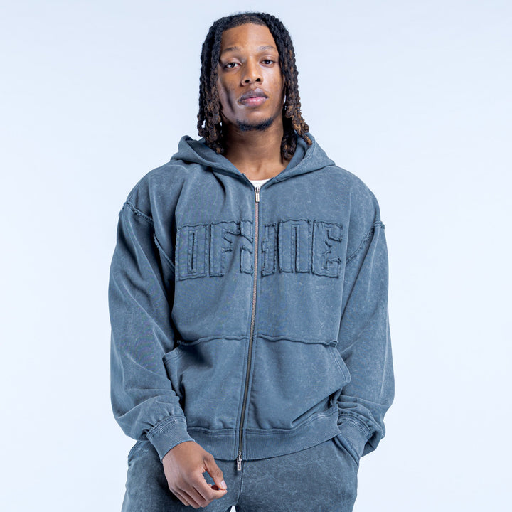 Washed blue zip hoodie with front logo graphic, hood and kangaroo pocket