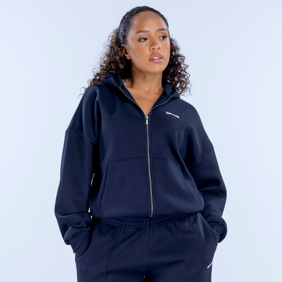 Navy full-zip hoodie with hood and kangaroo pocket