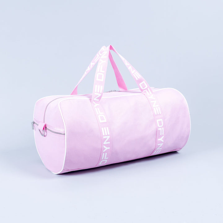 Light pink duffle bag with zip closure, structured end, and logo-trim carry handles.