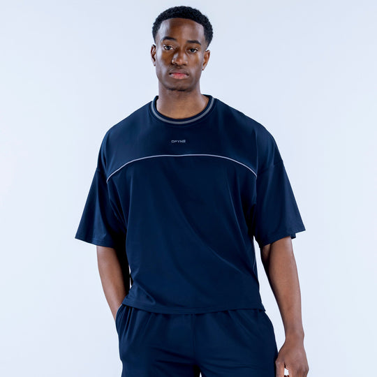 Navy crew-neck jersey with short sleeves and white logo panel detail