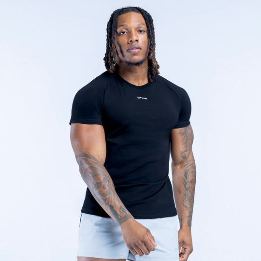 Black crew-neck short-sleeve T-shirt with small chest logo