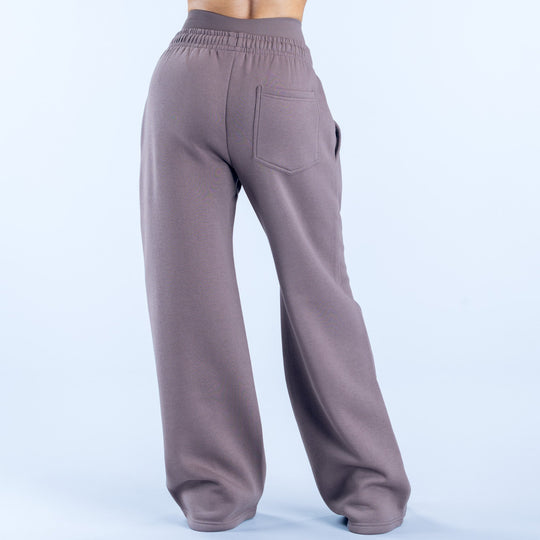 Taupe wide-leg joggers with elastic waist and patch pockets