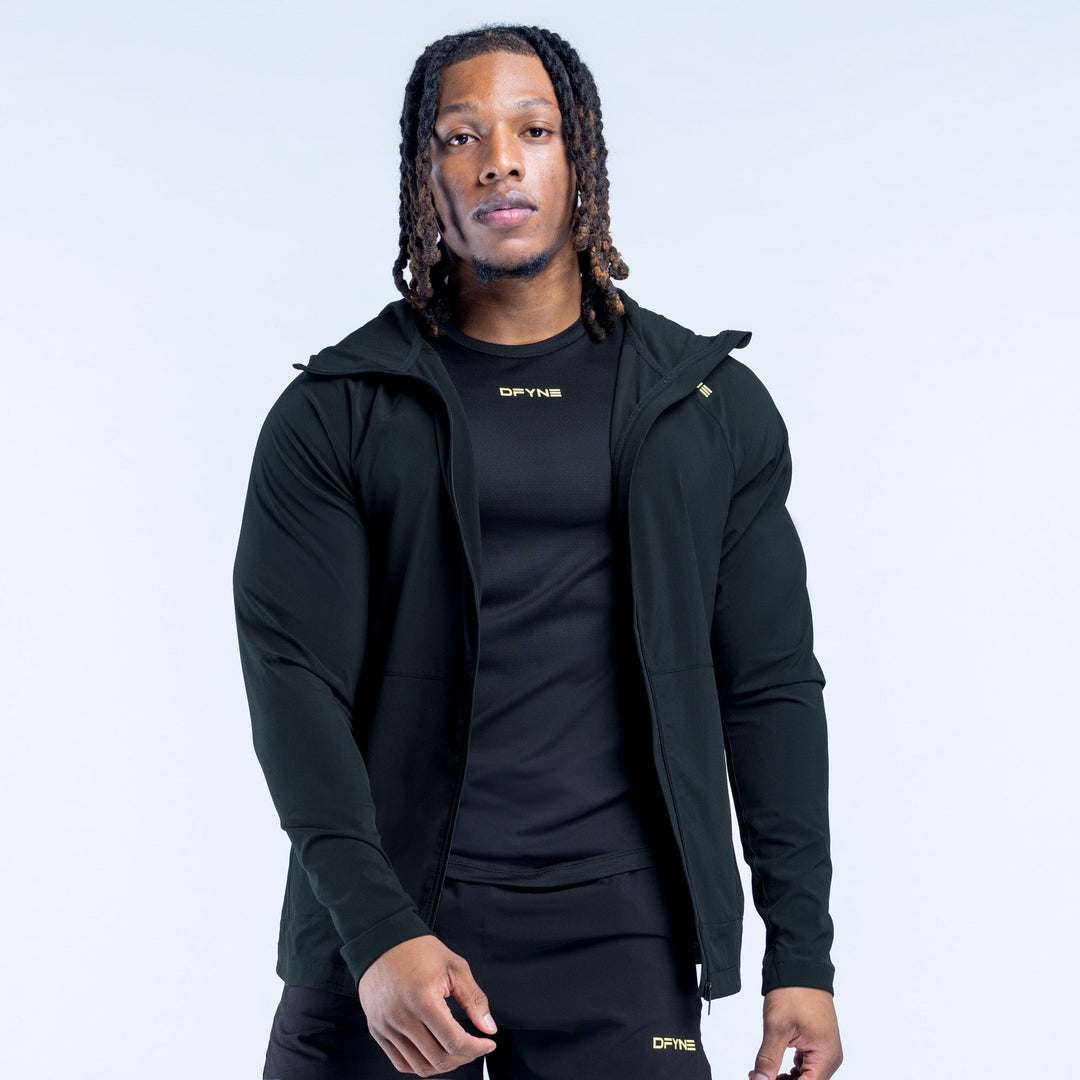 Dark hooded jacket with full-length zipper and small chest logo detail