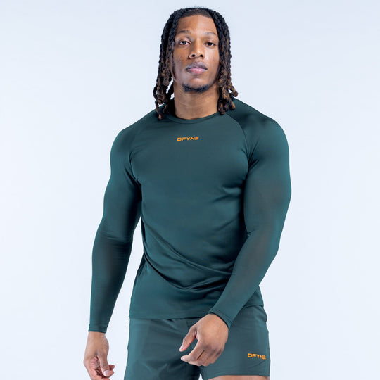 Long-sleeve training t-shirt, dark teal green, crew neck, small chest logo