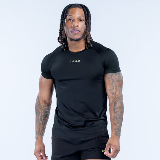 Black training T-shirt with short sleeves and crew neck, small chest logo