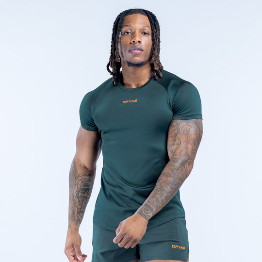 Men's dark green training T-shirt, short sleeves, small chest logo