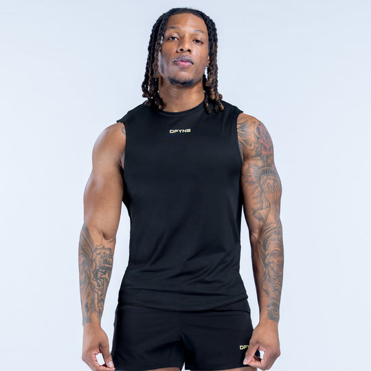 Black sleeveless tank top with crew neck and small chest logo